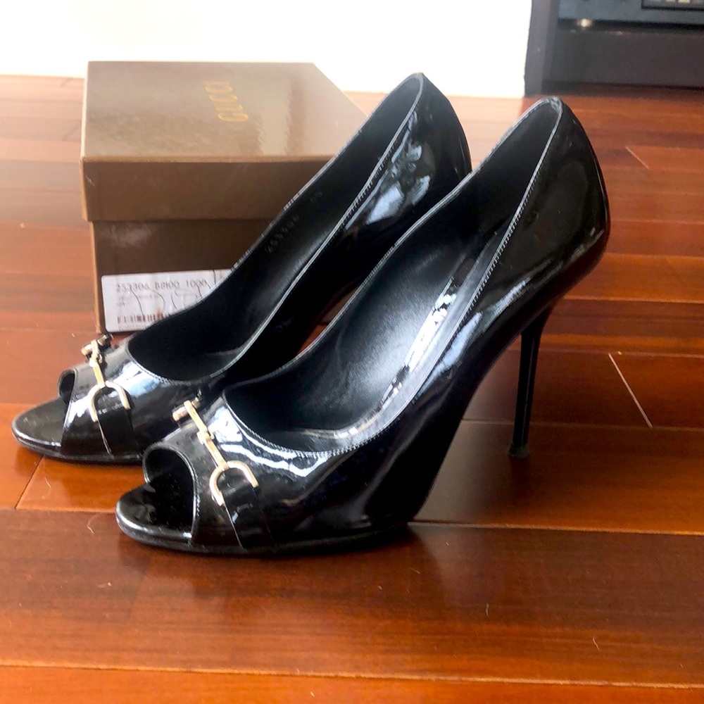 Gucci black leather stiletto high heels, open toe